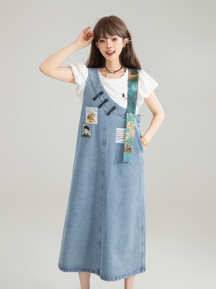 スカート ワッペン付き ゆったりデニムジャンパースカート