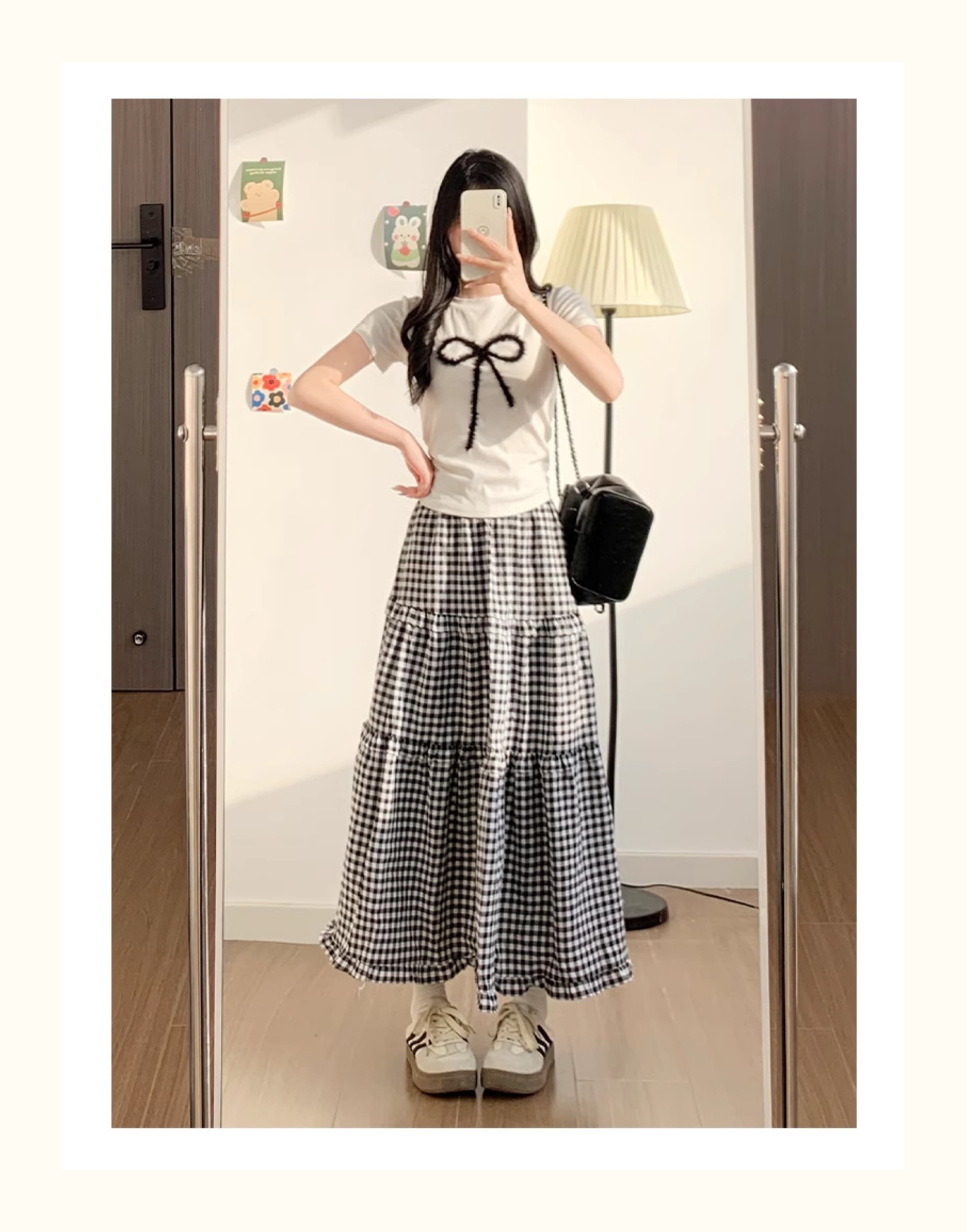 スカート ティアードギンガムロングスカート