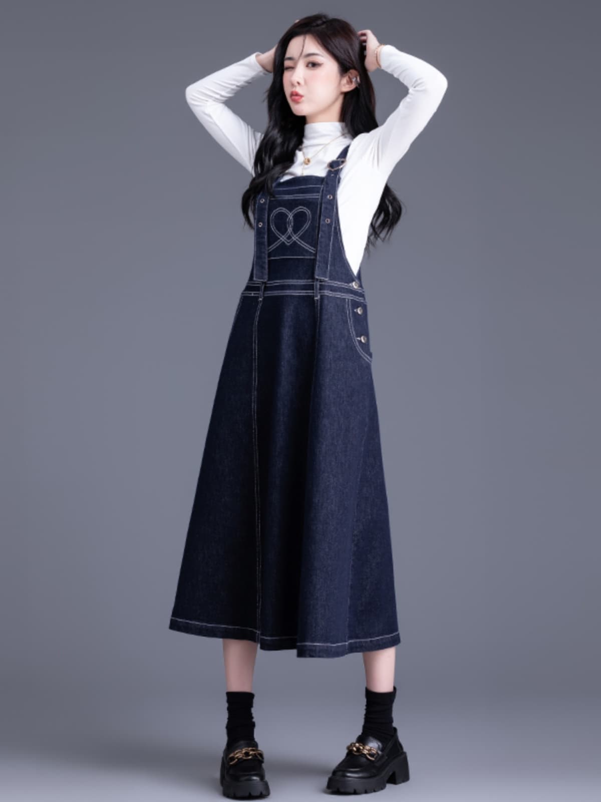 スカート ハート刺繍デニムジャンパースカート