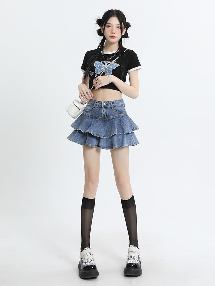 スカート 二段フリルデニムミニスカート