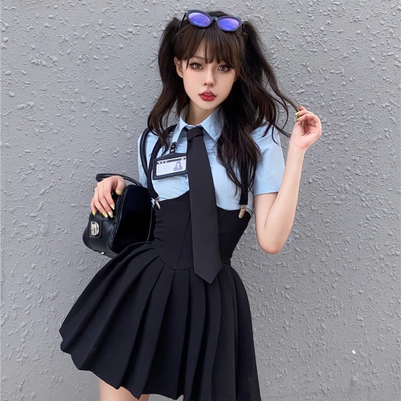 スカート 制服風サスペンダープリーツスカート