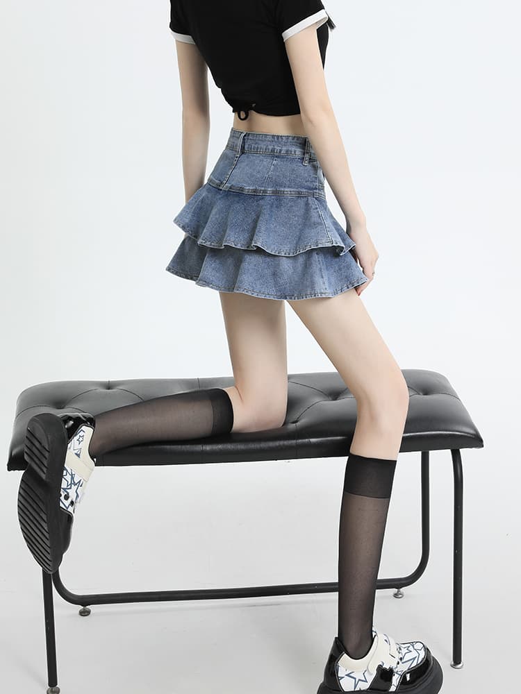 スカート 二段フリルデニムミニスカート