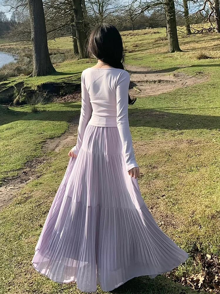 スカート 優美なティアードプリーツマキシスカート