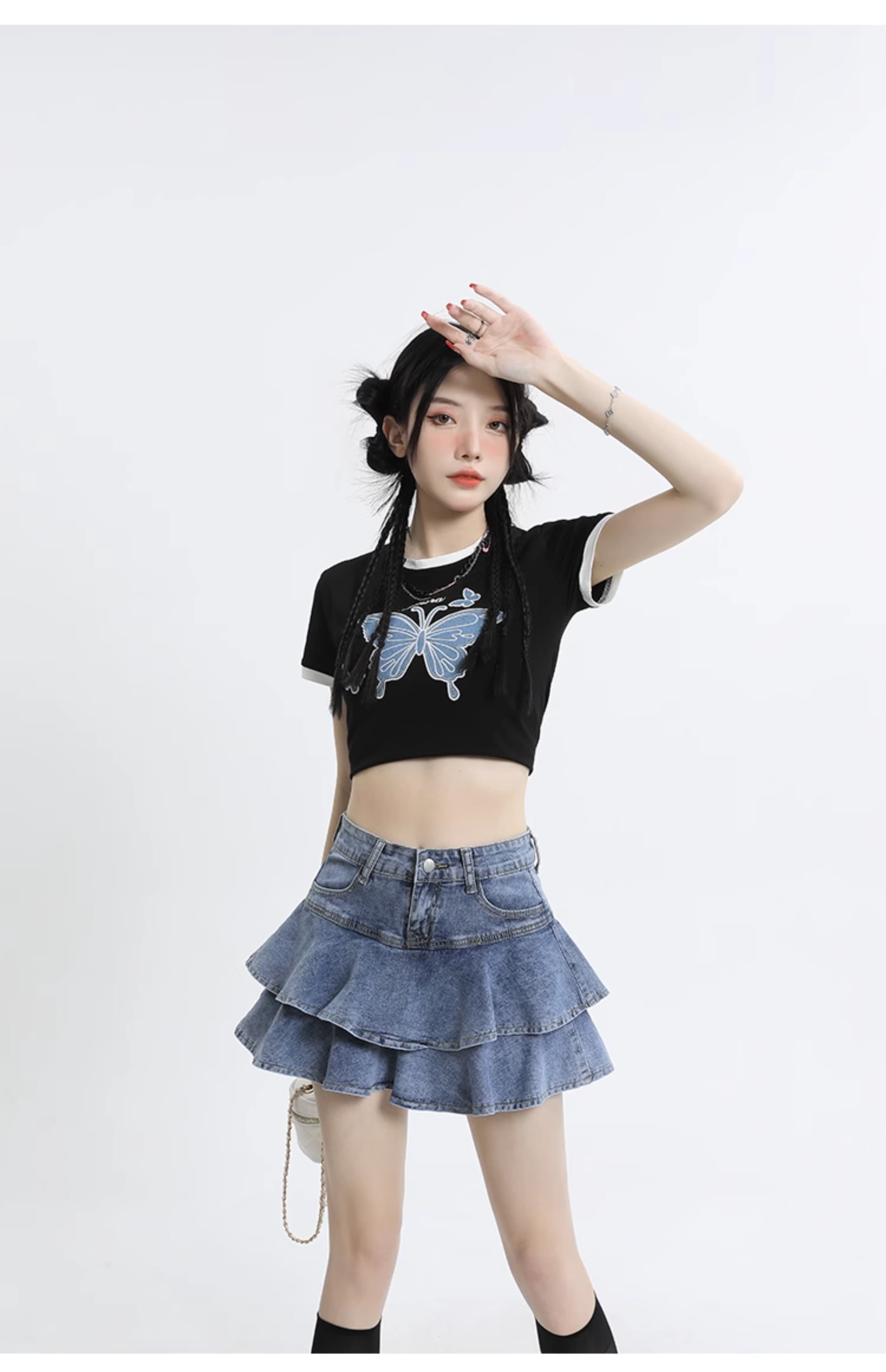 スカート 二段フリルデニムミニスカート