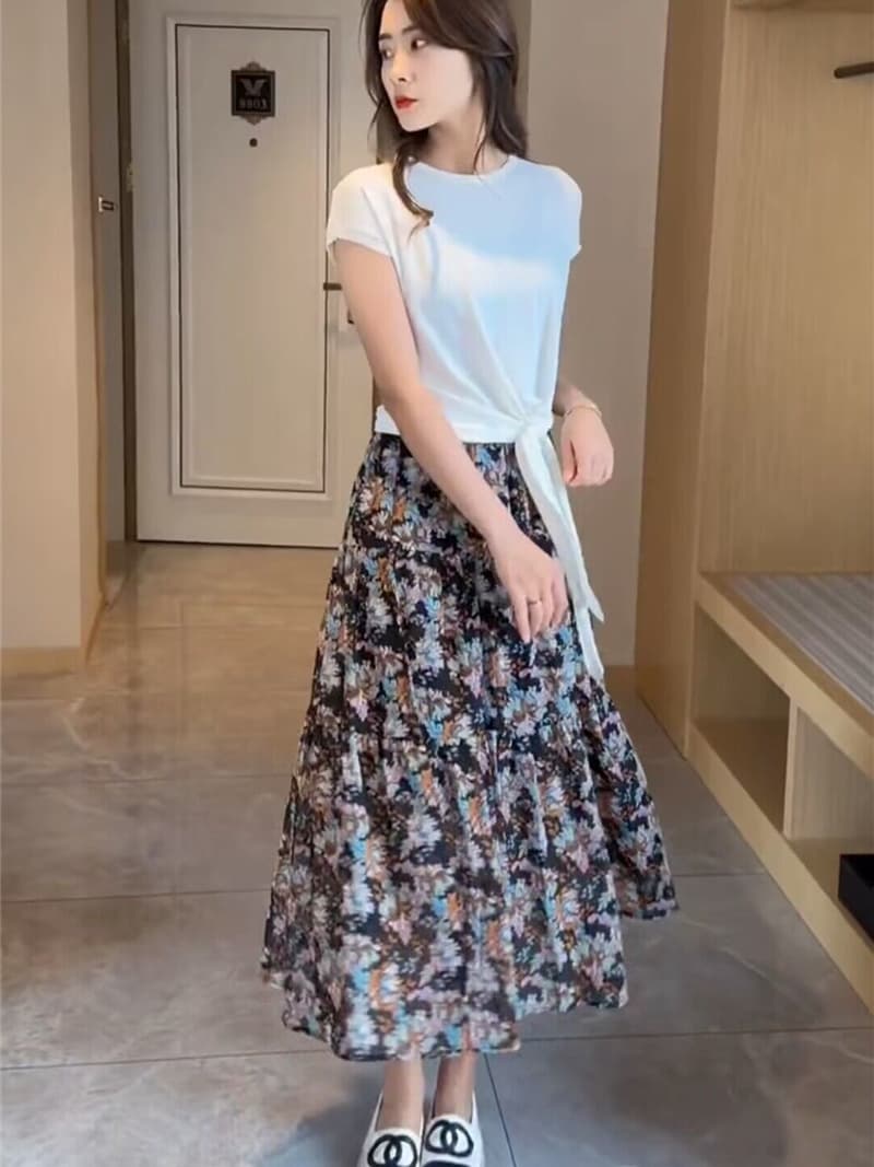 スカート 花柄フレアロングスカート