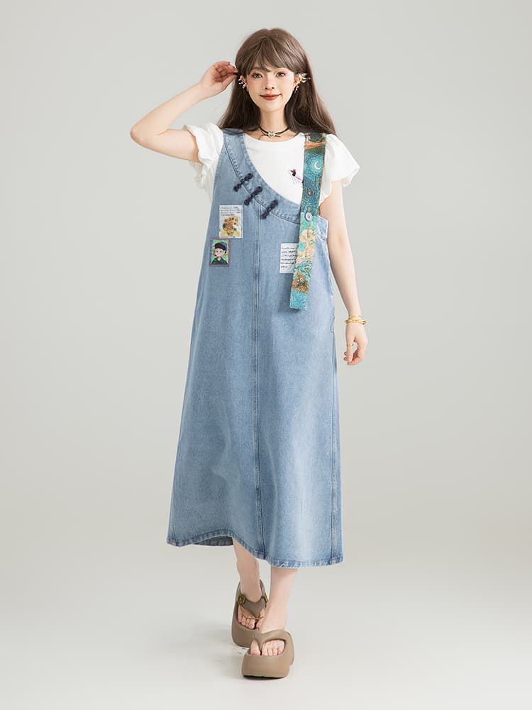 スカート ワッペン付き ゆったりデニムジャンパースカート