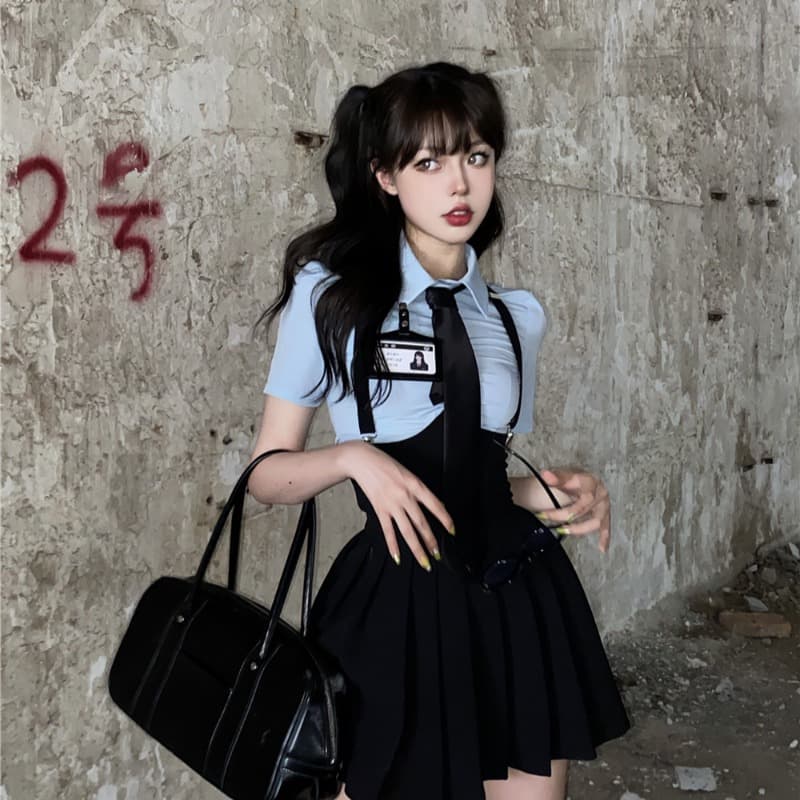 スカート 制服風サスペンダープリーツスカート