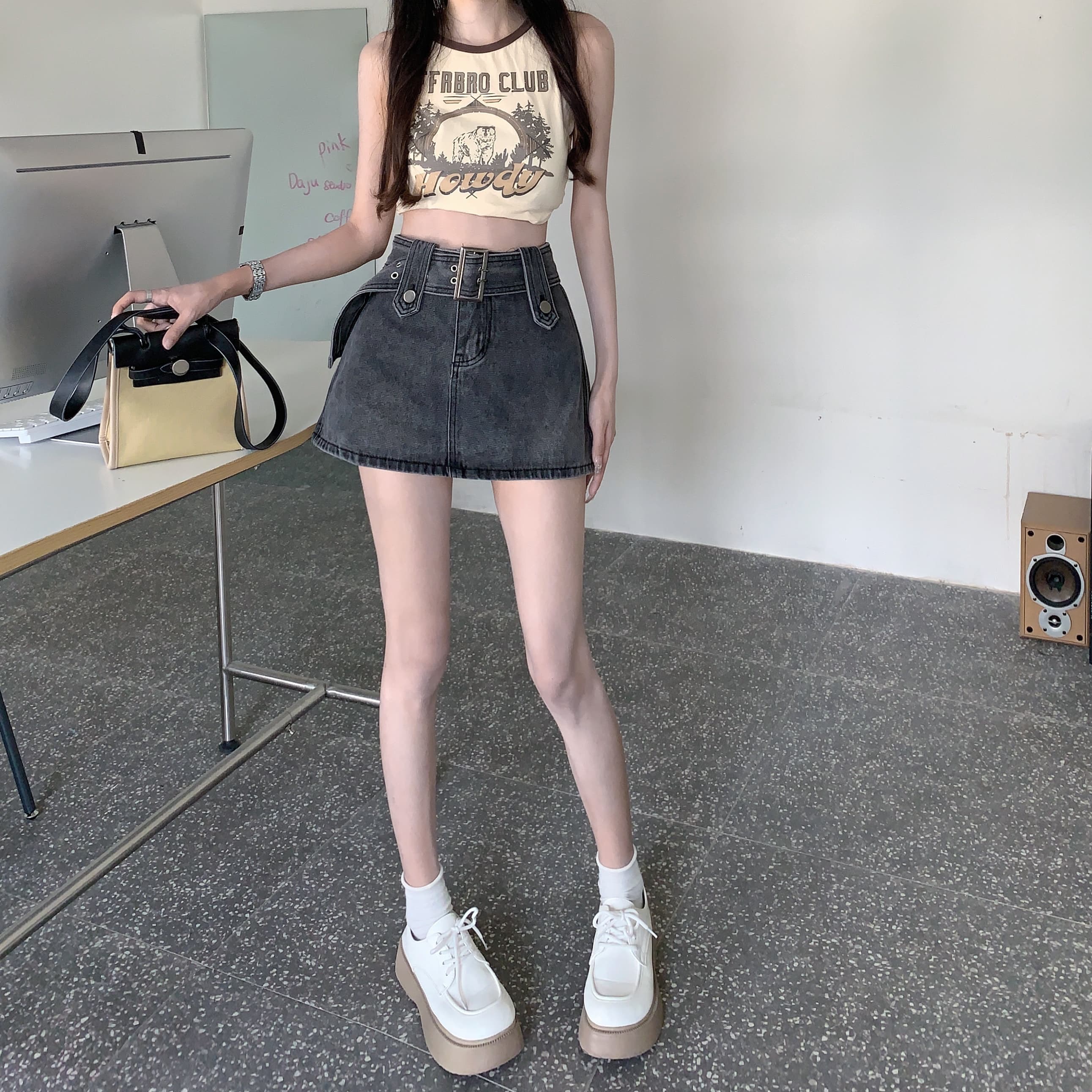 スカート ベルト付きデニムミニスカート