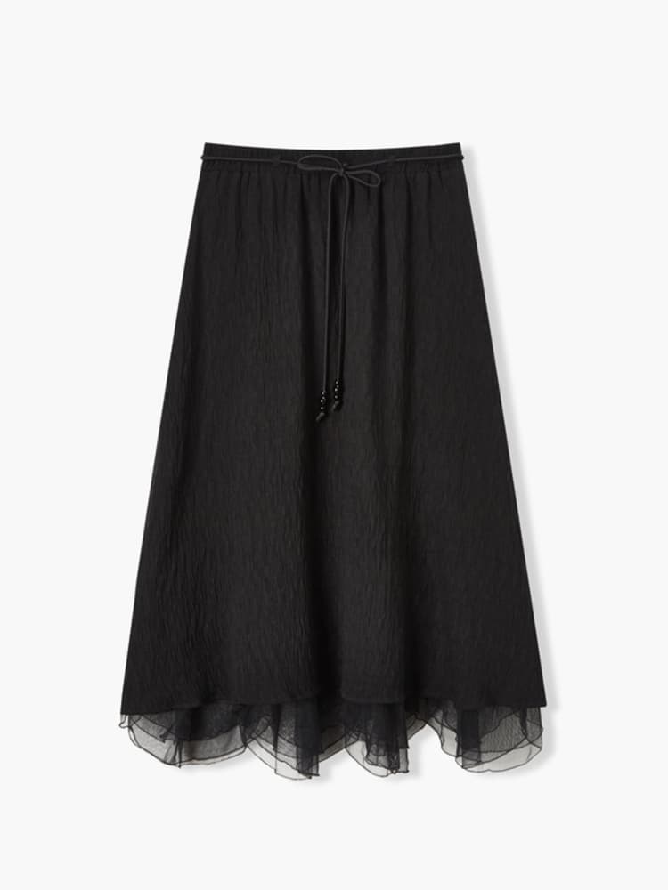 スカート ふんわりチュール裾フレアロングスカート