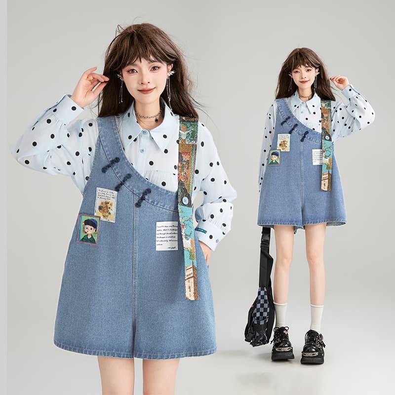 スカート ワッペン付き ゆったりデニムジャンパースカート