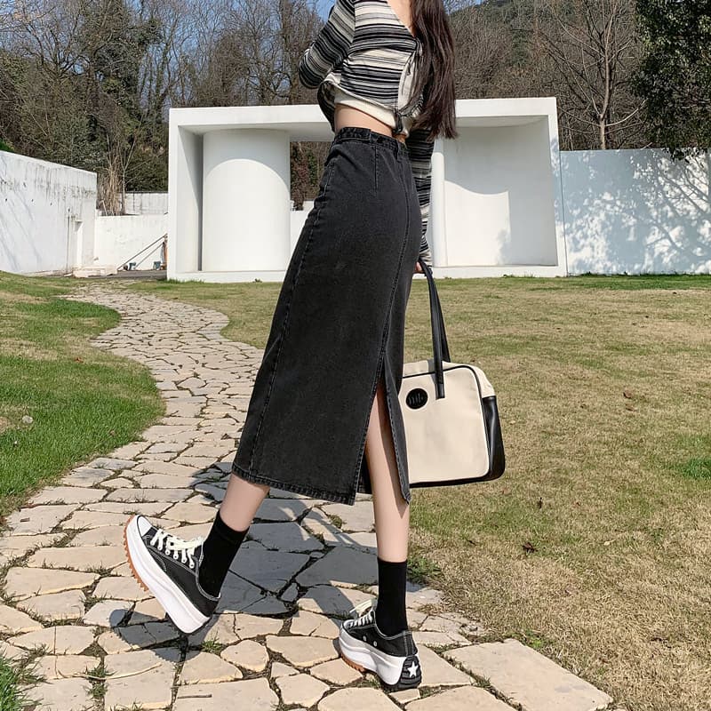 細身シルエット ロングデニムスカート
