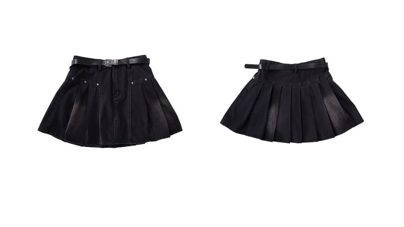 スカート ベルト付きデニム風プリーツミニスカート