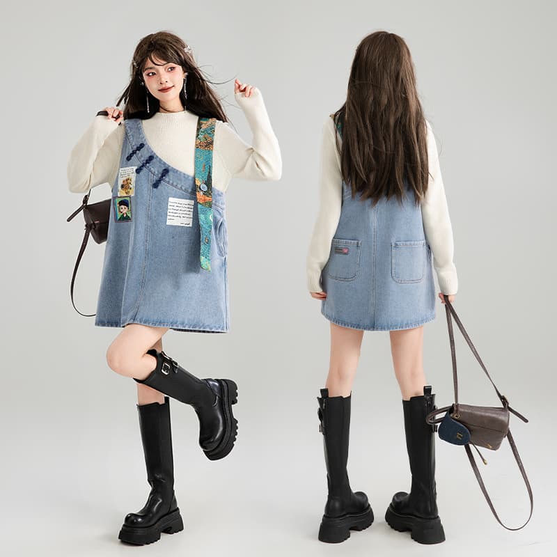 スカート ワッペン付き ゆったりデニムジャンパースカート