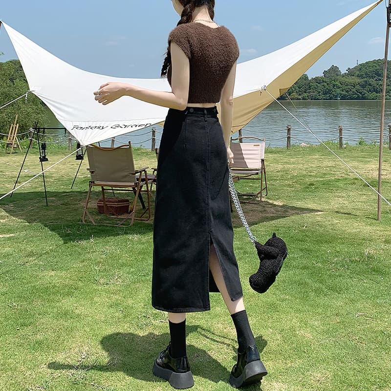 スカート スリットデザインロングデニムスカート