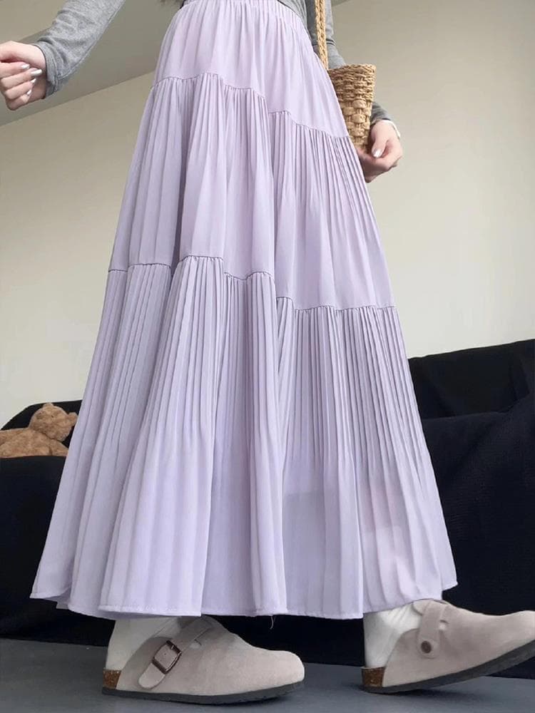 スカート 優美なプリーツロングフレアスカート