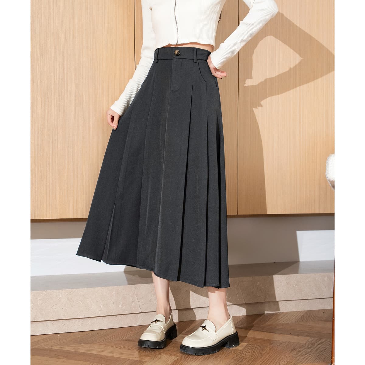 スカート 優雅なプリーツロングスカート