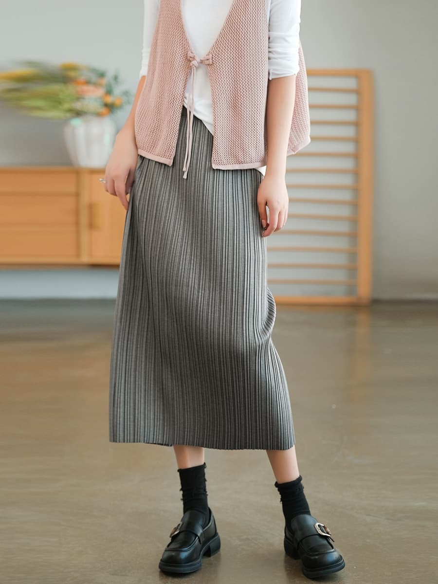 スカート 縦リブプリーツニットロングスカート