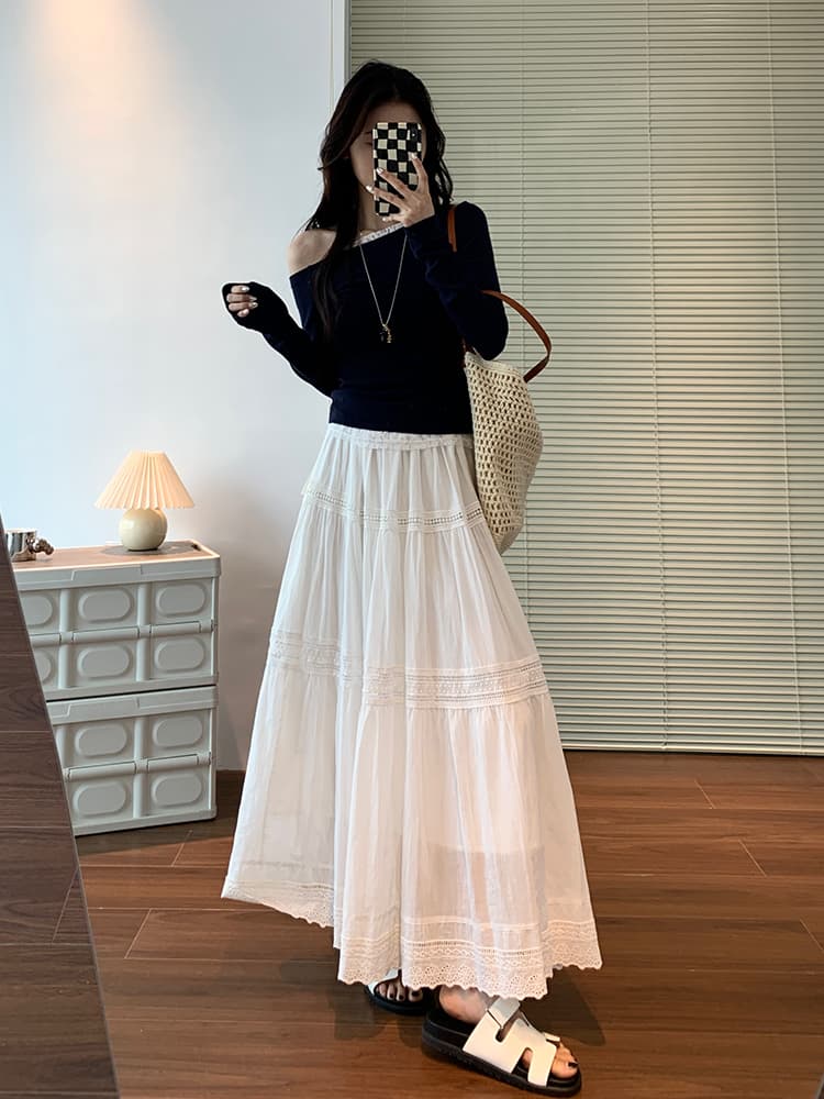 スカート レース装飾マキシティアードスカート