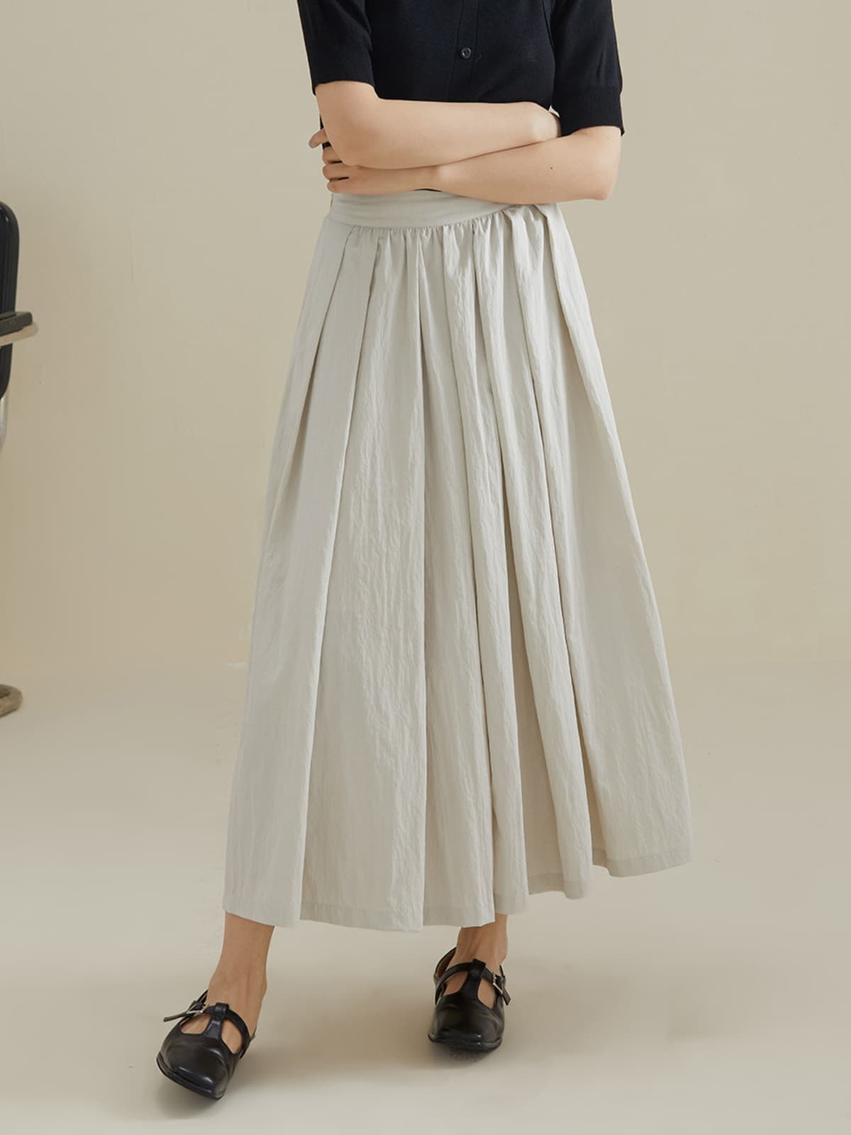 スカート 風合い豊かな綿麻プリーツロングスカート