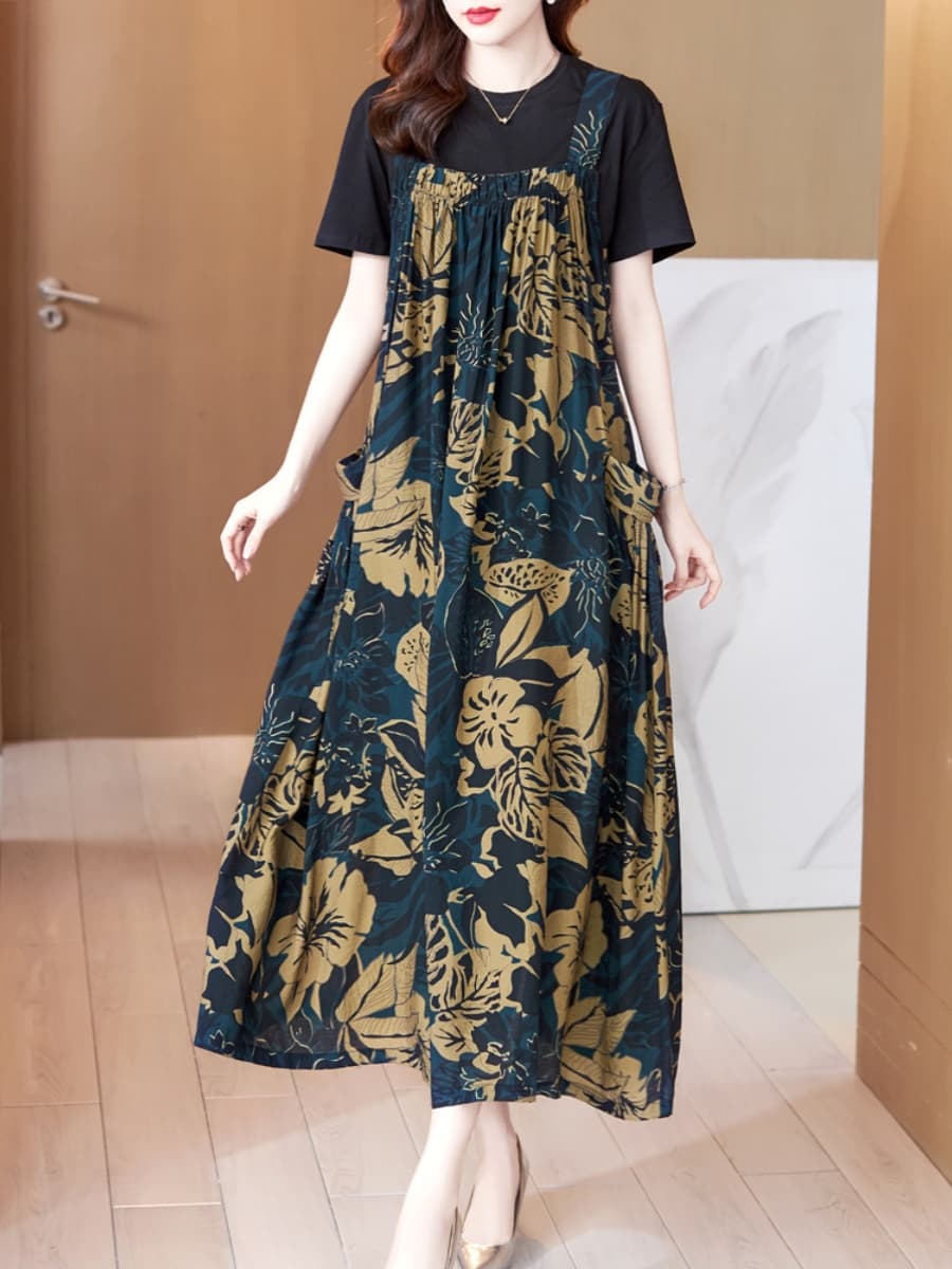 スカート 花柄パッチワーク風ジャンパースカート