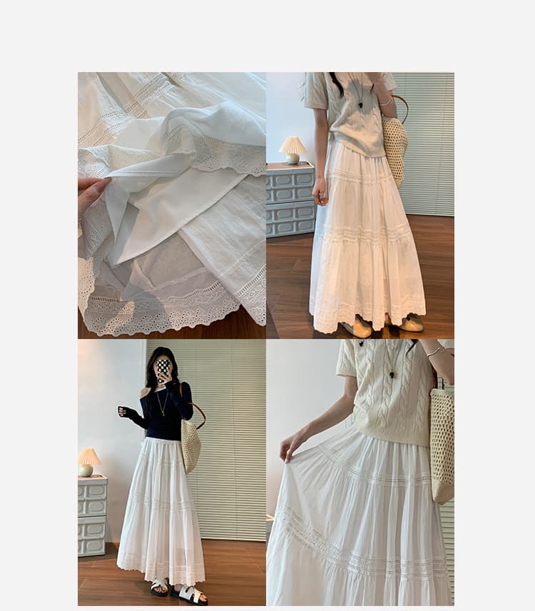 スカート レース装飾マキシティアードスカート