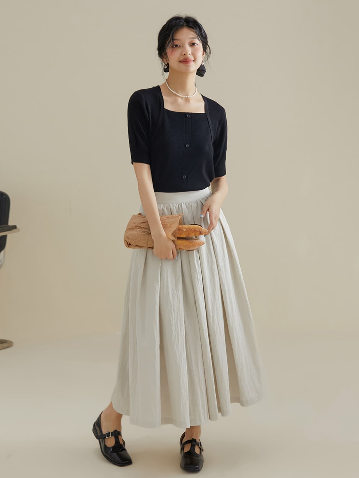 スカート 風合い豊かな綿麻プリーツロングスカート