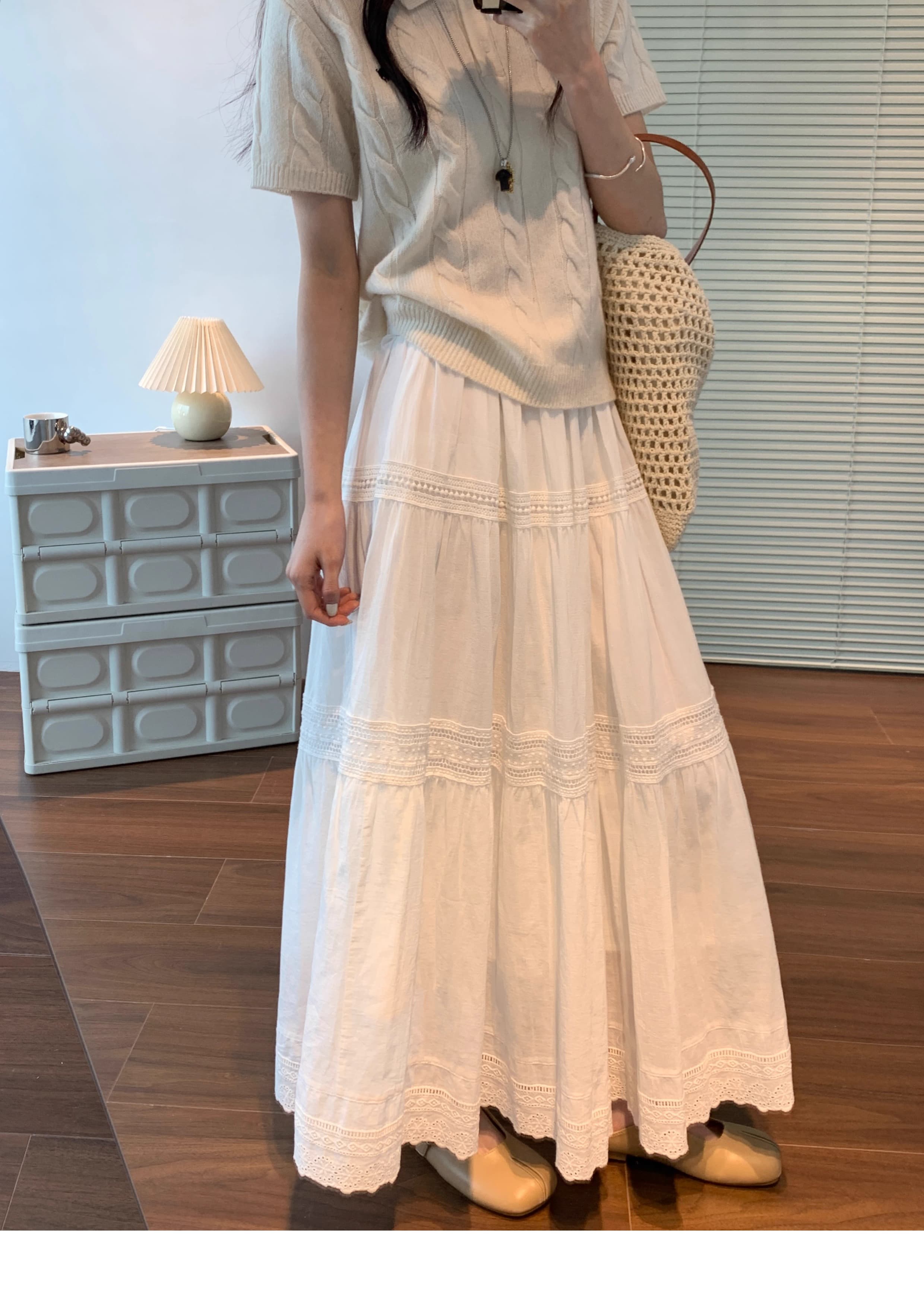 スカート レース装飾マキシティアードスカート