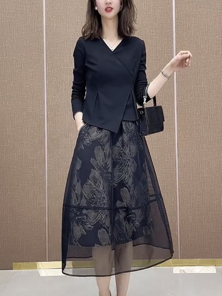 花柄重ねチュールミディスカート