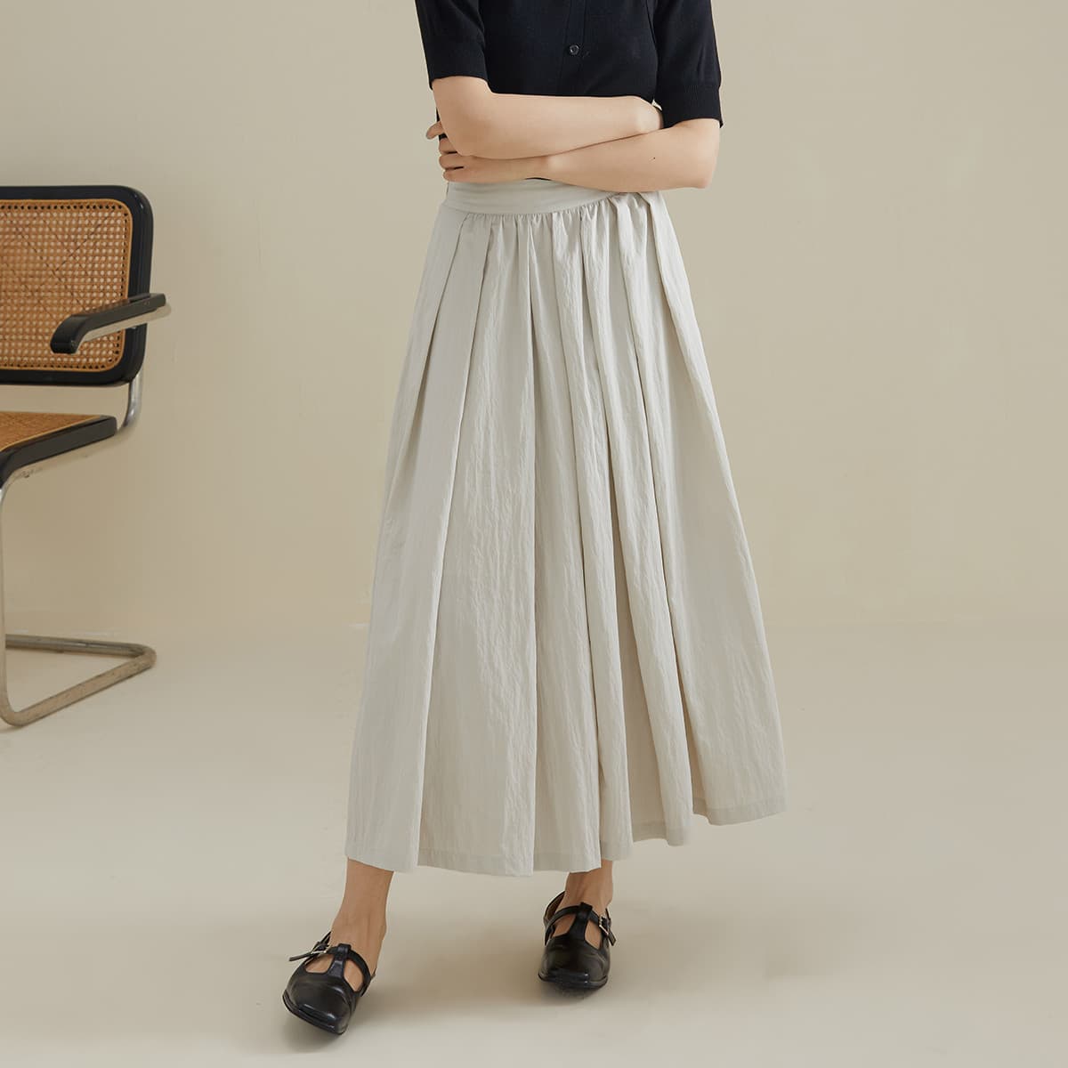 スカート 風合い豊かな綿麻プリーツロングスカート