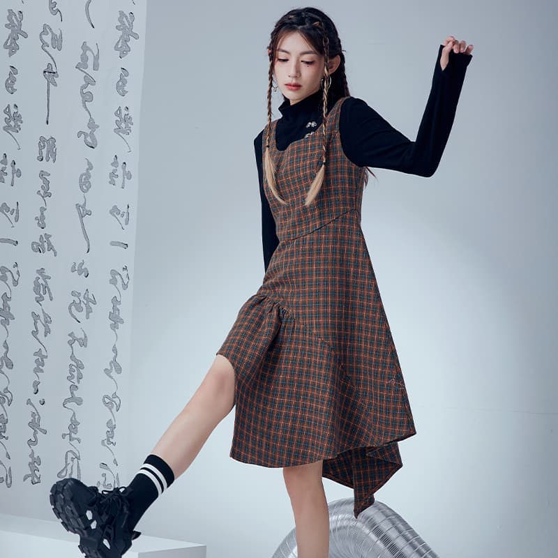 スカート 格子柄アシンメトリースカートジャンパー